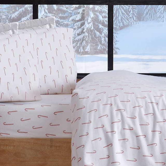 Great Bay Home 100% Turkish Cotton Queen Christmas Flannel Sheet Set | Deep Pocket Fitted Sheet, Soft Sheets | Warm Holiday Bed Sheets | Anti-Pill Flannel Sheets (Queen, Candy Canes)