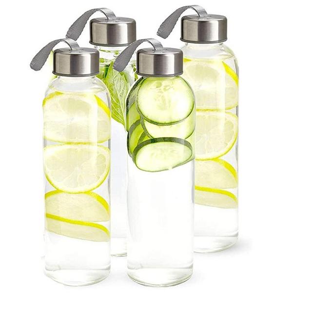 Kitchen Lux 18oz Glass Water Bottles – Pack of 4 – Nylon Protective Sleeves, Airtight Screw Top Lids, Portable Carrying Loops - Lead, PVC and BPA Free - Water, Milk, Smoothie, Juice and Beverage Glasses
