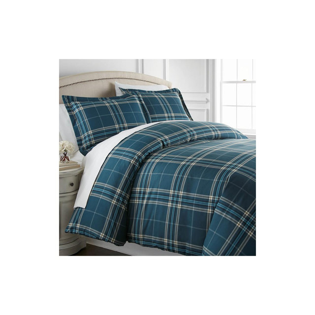 Southshore Fine Living Vilano Plaid Oversized 3-Piece Comforter Set Blue King / California King