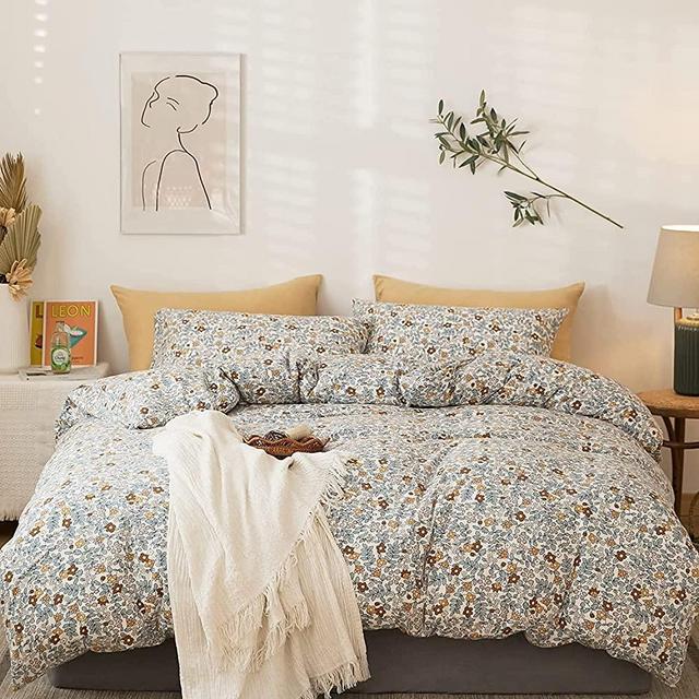 EAVD Reversible Botanical Floral Duvet Cover King Soft 100% Jersey Knit Cotton Garden Floral Bedding Set with 2 Pillowcases Chic Vintage Style Floral Comforter Set with Zipper Closure 4 Ties