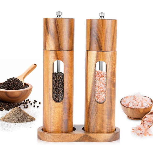 Acacia Wood Salt and Pepper Grinder Set with Base, Refillable Wooden Pepper & Salt Mill with Adjustable Ceramic Grinder for Kitchen & Dining