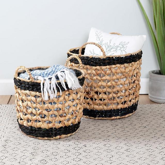 Honey-Can-Do Set of 2 Round Decorative Wicker Baskets with Handles, Natural/Black STO-09847 Natural