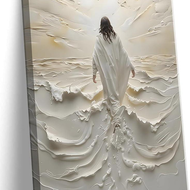Abstract Jesus Walking on Water Canvas Wall Art Christian Spiritual Wall Decor Pictures Divine Light Modern Religious Posters Prints for Living Room Bedroom Church Decoration 12x16in