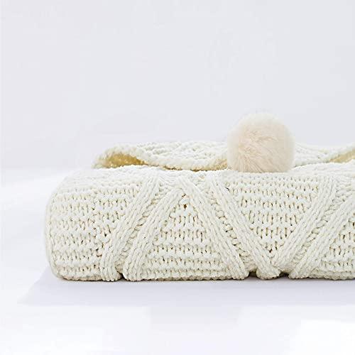 LAFAVILLE Ivory White Chenille Knitted Throw Blanket with Four Tassel Balls Light Weight Decorative Fluffy Chunky Woven Blanket for Bed Sofa Couch Chair, Large 60 x 80 Inches