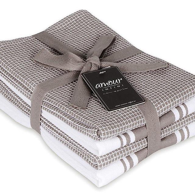 AMOUR INFINI Classic Kitchen Towels | 2 Stripe + 2 Waffle | 28 x 20 Inch, Over Sized | Multi-use Dish Towels |100% Ring Spun Premium Cotton | Highly Absorbent | Beige