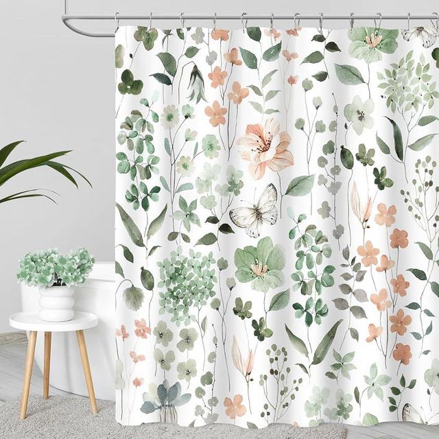 MAYZUS Cute Floral Shower Curtain, Sage Green Flower Fabric Shower Curtains for Bathroom, Spring Summer Wildflower Butterfly Cloth Shower Curtain Set with Hooks, 72x72