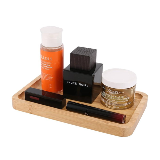 Natural Bamboo Vanity Tray Bathroom Tray Smooth and Thick Wooden Tray for Perfume Cotton Swabs Balls Candles Cosmetics Jewelry Makeup