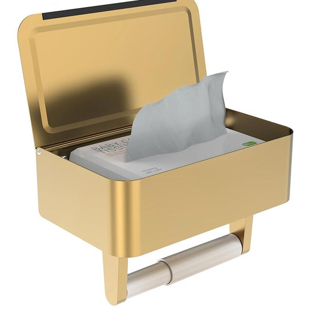 WZKALY Toilet Paper Holder with Shelf, Wipes Holder for Bathroom, Flushable Wipes Dispenser, Stainless Steel Toilet Paper Roll Holder with Storage for Wet Wipes Wall Mounted (Gold, Regular Roll)