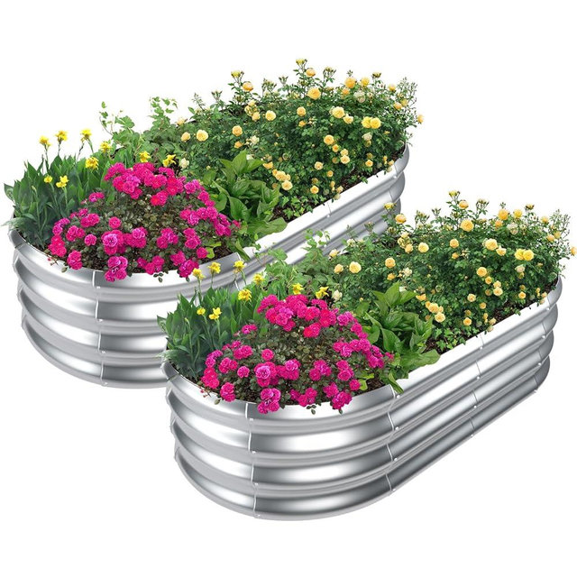 SnugNiture Galvanized Raised Garden Bed Outdoor, 2 Pcs 4x2x1ft Oval Metal Planter Box for Planting Plants Vegetables, Silver