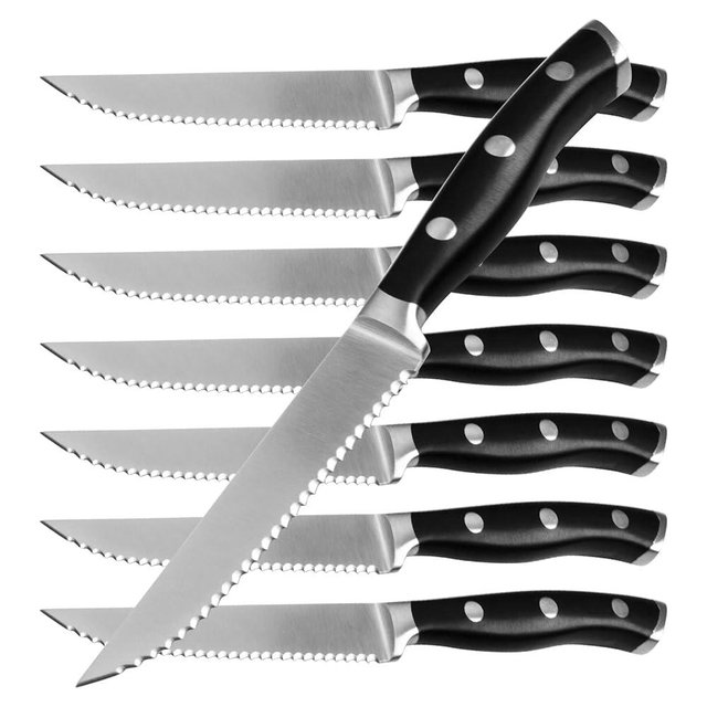 Alata 8-Piece Steak Knives Set, Stainless Steel Steak Knife set with Serrated Edge, Razor-Sharp, Full-Tang Construction, Dishwasher Safe