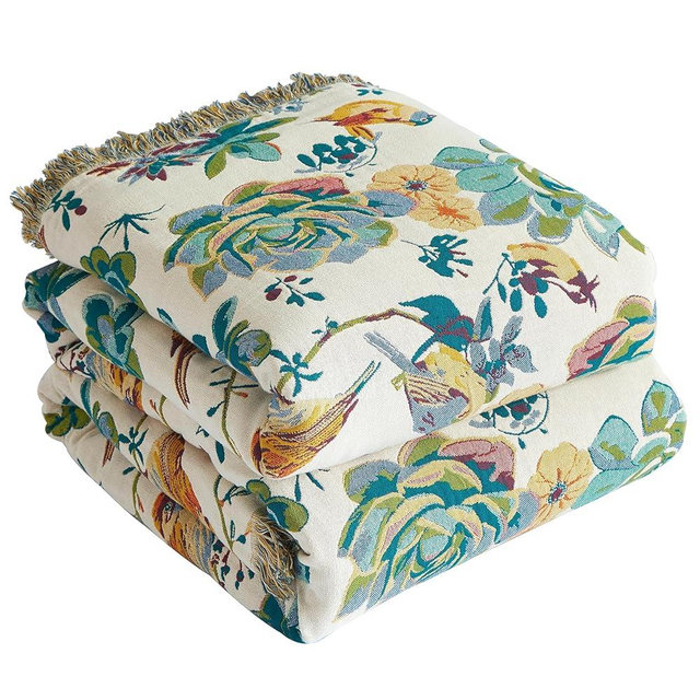 Boho Throw Blanket for Bed 90”x98”, 100% Cotton Woven Blanket for Couch Sofa, Ultra Soft 4-Layer Muslin Quilt with Floral Printed, Farmhouse Bed Blanket/Cover for Living Room Decor