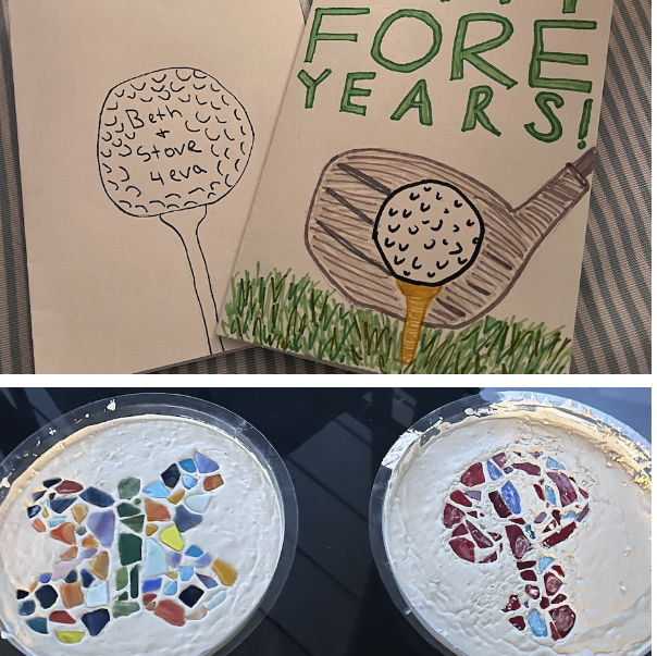 We almost always draw the cards we give to each other, and you can certainly tell we are getting married at a golf course this year!And we'll give you one guess whose stone is whose.