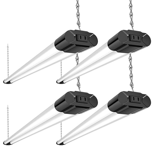 BBOUNDER 4 Pack Linkable LED Utility Shop Light, 4400 LM, 6500K Cool Daylight, 4 FT, 48 Inch Integrated Fixture for Garage, 40W Equivalent 250W, Surface + Suspension Mount, Black