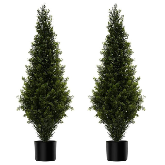ENGreen 4FT Artificial Cedar Topiary Trees Potted Fake Plants for Outdoors Faux Cypress Trees for Home Front Porch Decor Set of 2