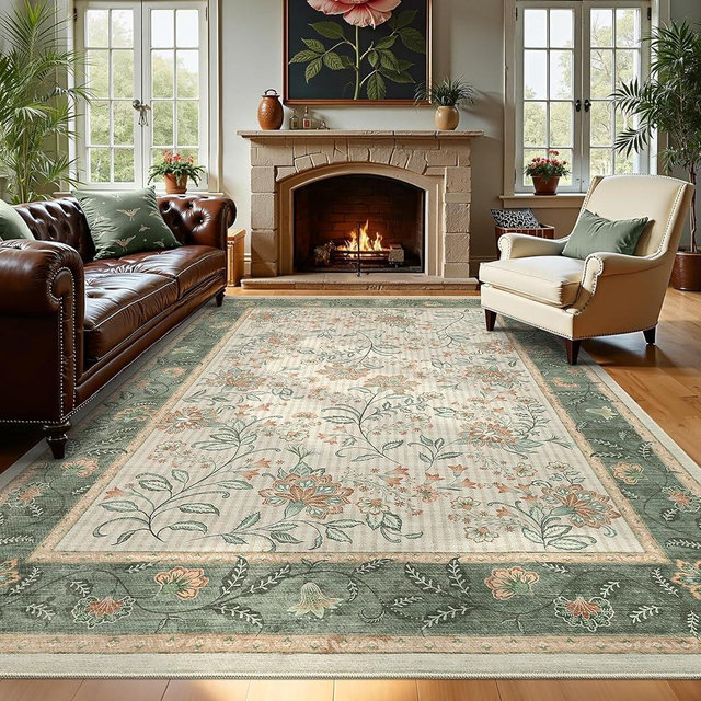 GarveeHome Area Rugs 8x10 for Living Room, Sage Green Large Washable Rug Botanical Soft Non Slip Floor Mat Carpet Indoor Thin Cottage core Rug for Bedroom Dining Room Playroom Nursery Home Decor