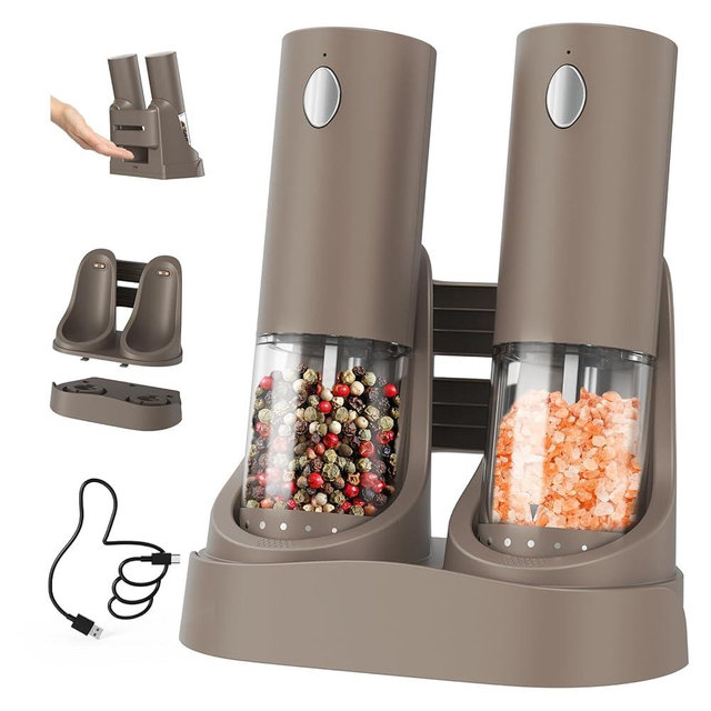 CIRCLE JOY Electric Salt and Pepper Grinder Set Automatic Salt and Pepper Grinder Set with Easy-to-Carry Charging Base and LED Light, USB Rechargeable, Upgrade External Adjustable Coarseness, Green