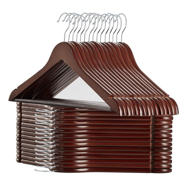 TECHMILLY Solid Natural Wooden Coat Hangers, 30 Pack Heavy Duty Smooth Finish Suit Hangers with Non-Slip Pant Bar, Precisely Cut Notches & Chrome Swivel Hook for Closet, Wardrobe