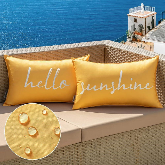MIULEE Outdoor Waterproof Throw Pillow Covers Set of 2 Hello Sunshine Decorative Outdoor Rectangular Pillowcases for Chair Patio Garden Couch Tent Balcony Sofa Yellow 12x20 Inch