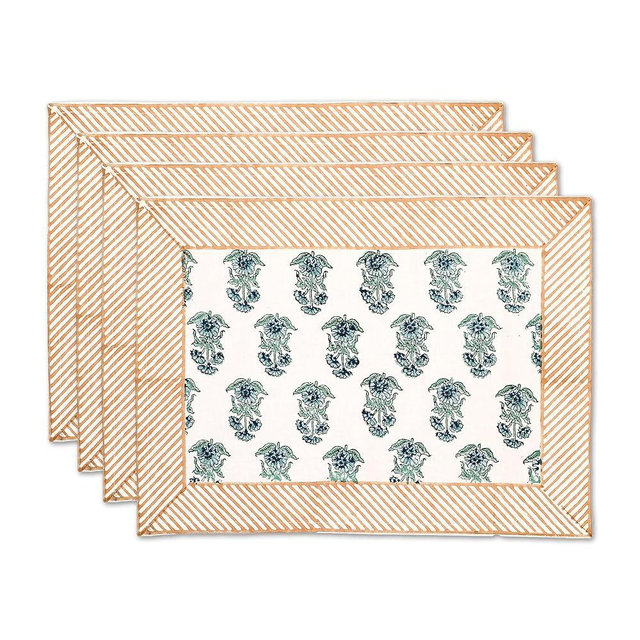 Perilla Home 100% Cotton Eros Blockprint Rectangle Tablemat Set of 4 | Hand Block Print Dining Mats 13"x18" | Washable Cotton Table Linens for Everyday Use, Holidays, Weddings & Home Decor