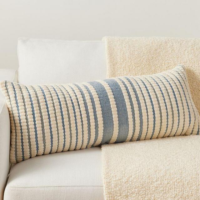 Classic Striped Handwoven Chenille Lumbar Pillow, 14" x 36", Chambray