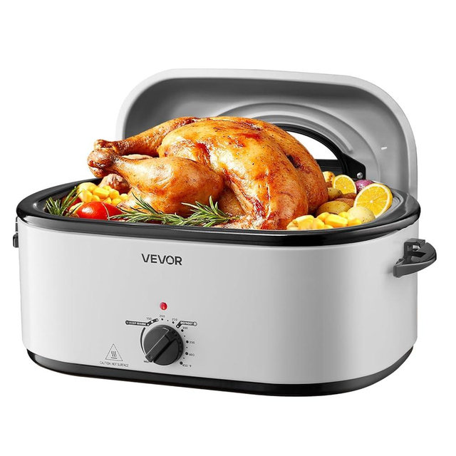 VEVOR Roaster Oven, 26QT Electric Roasting Pan, 150-450℉ Adjustable Temperature Fast-Cooking Turkey Roaster with Cool-Touch Handle, Visible Self-Basting Lid, Defrost & Warm Function, Fits 30lb Turkey