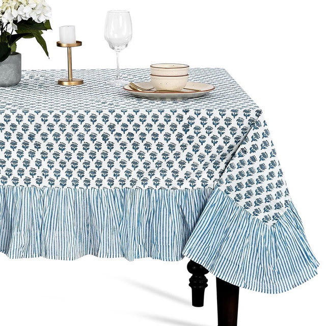 CPC Apatite Blue Block Print Ruffle Tablecloth 100% Cotton 60" x 60" Square Floral Table Cover, Elegant, Vintage, Shabby Chic Home Decor for Dining, Kitchen, Farmhouse, Gift for Spring, Easter
