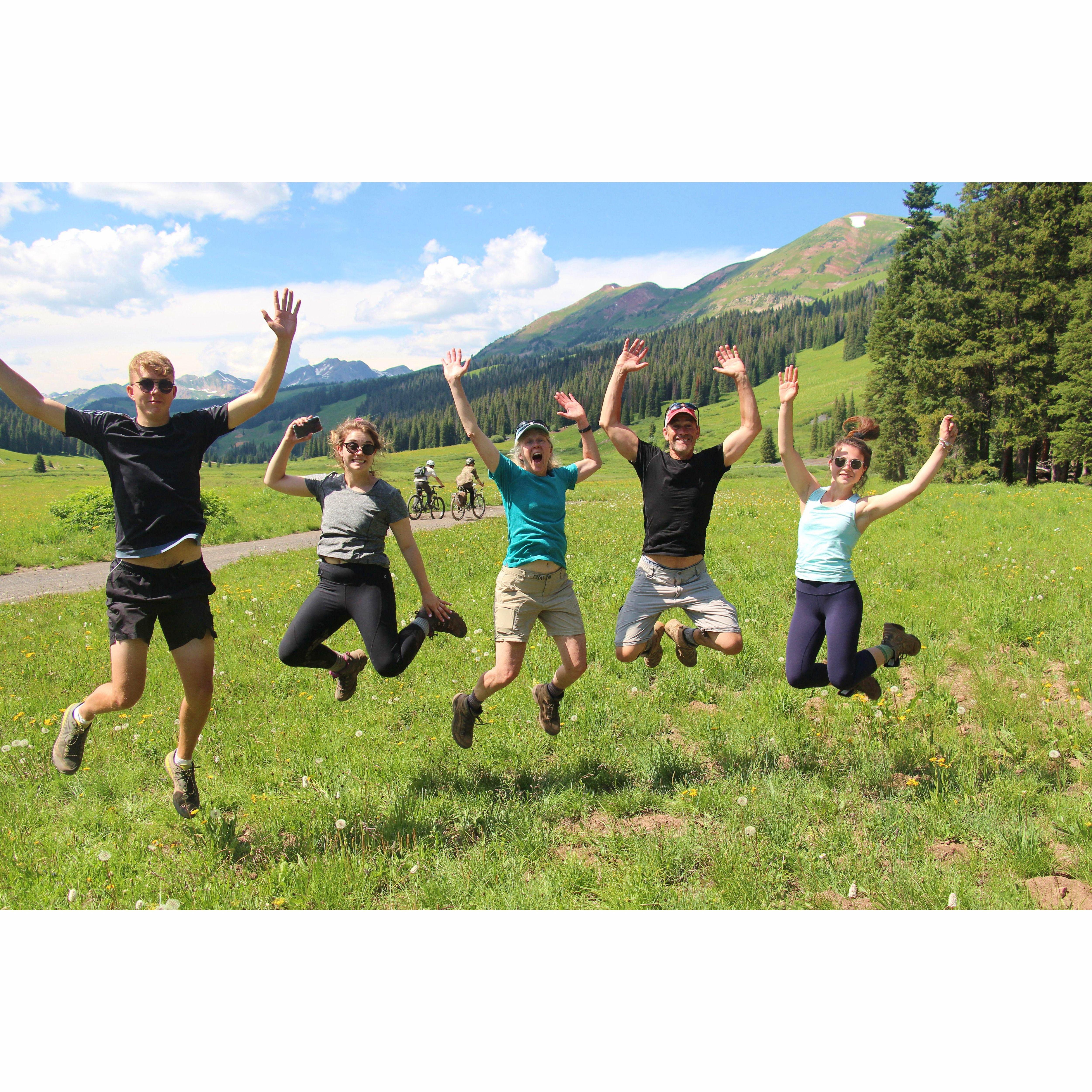 Jumping for joy after finishing the Maroon Bells hike - Aspen to Crested Butte, CO