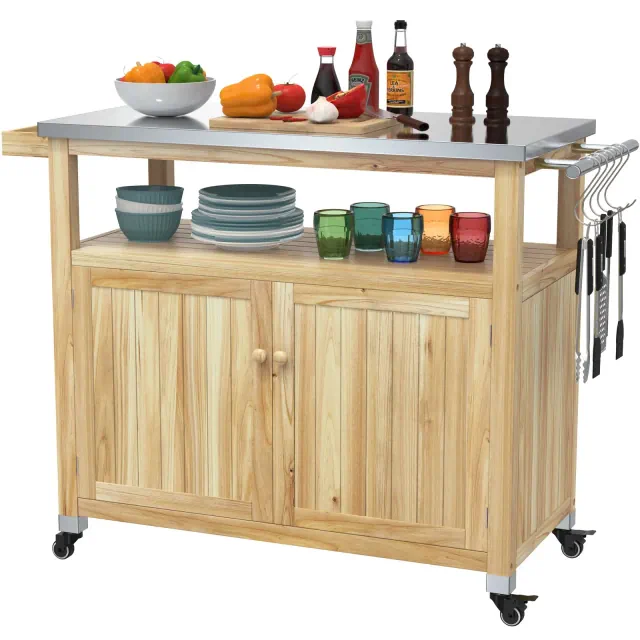 Outdoor Prep Table Grill Station, Solid Wood Movable Dining Cart Table, Dark Brown Natural