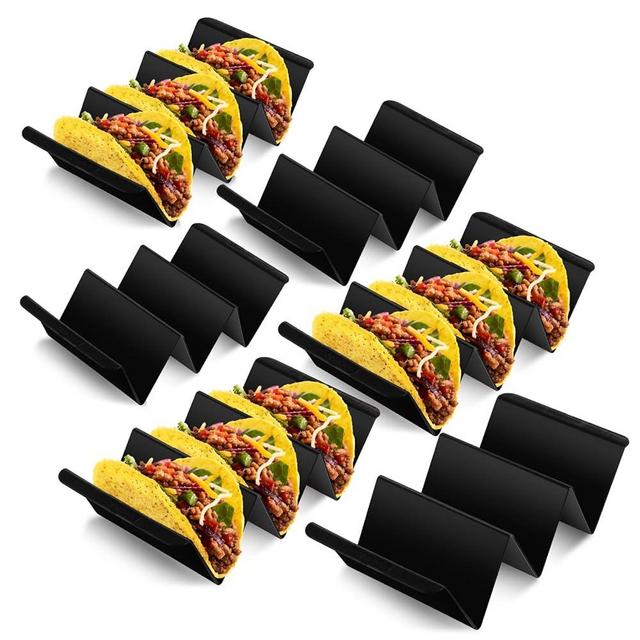 Baderke Mexico Taco Holder Stands Set of 6 Plastics Large Taco Tray Plates Holds Taco Stands for 3 Tacos Dishwasher Microwave Safe, BPA Free, For Taco Night Taco Tuesday (Black,Classic)