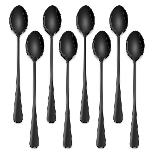 7.5 Inches Black Coffee Stirring Spoons Set,Set Of 8 Stanless Steel Iced Teaspoons,Long Handle Mixing Spoons For Cocktail And Sundae,Long Ice Cream Spoons