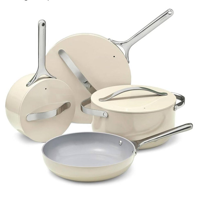 Caraway Non-stick Ceramic Cookware Set (12 Piece) Pots, Pans, Lids and Kitchen Storage - PFAS & PFOA Free - Oven Safe Pan Set & Compatible with All Stovetops - Cream