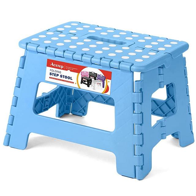 ACSTEP Folding Step Stool - Lightweight, Plastic Step Stool, 9 inch Foldable Step Stool, Non Slip Folding Stools for Kitchen Bathroom Bedroom (Blue)