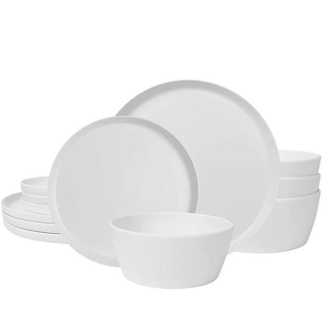 Melamine Dinnerware Set - 12 pcs Melamine Plates Indoor and Outdoor use Matte White Plates and Bowls Dinnerware Sets Summer Fall Camping Dish Set for 4 Dishwasher Safe