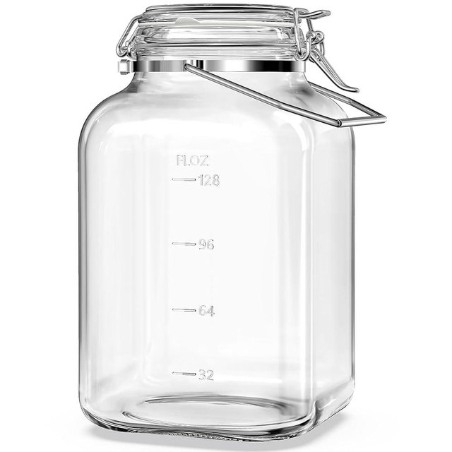 1.5 Gallon Glass Jar with Airtight Lid, Square Wide Mouth Mason Jars with Stainless Steel Handle, Large Glass Storage Containers for Canning, Flour, Sugar, Fermentation, Rice, Pickled Eggs