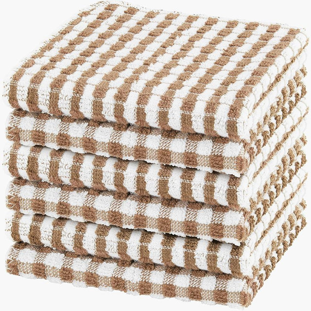 DecorRack 6 Pack 100% Cotton Kitchen Towels, Set of 6 Buffalo Checks 12" x 12" Absorbent Dish Cloths,Coffee (Pack of 6)