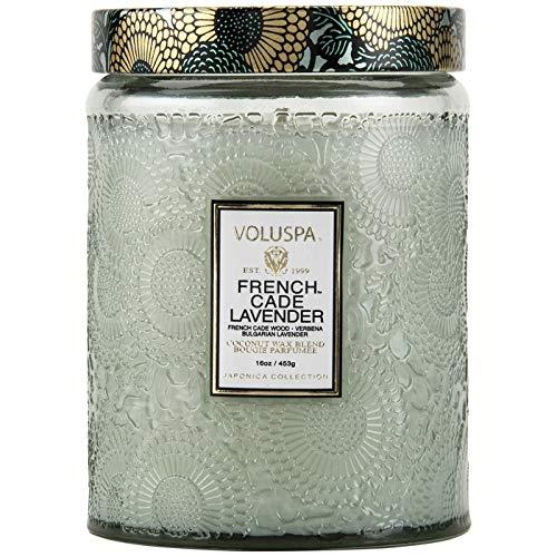 Voluspa French Cade and Lavender Large Embossed Glass Jar Candle, 16 Ounces