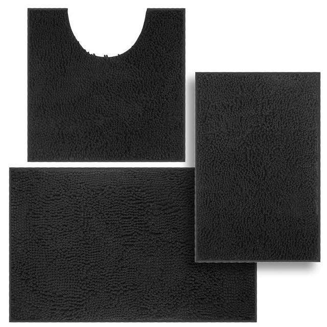 3 Pieces Bathroom Rugs, Anti-Slip Chenille Bath Rug, Super Absorbent Luxury Shaggy Bath Mats Set, Perfect Plush Carpet for Tub, Shower, Bath Room,Machine Washable (BLACK)