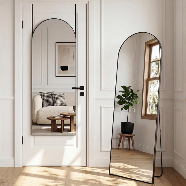 Furnbar 58"x20" Arched Full Length Door Mirror, Over-the-Door Hanging, Floor Standing, Wall Mounted or Leaning, Metal Frame Body Mirror for Bedroom, Living Room, Closet, Dorm, Black