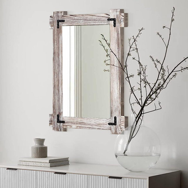 Rustic Mirror Wood Mirror for Bathroom, Decorative Framed Wall Mirror, Farmhouse Natural Vanity Mirror, Wall Mounted Rectangular Mirror for Bedroom Living Room, Wood Mirror Small 20x30 Inch, White