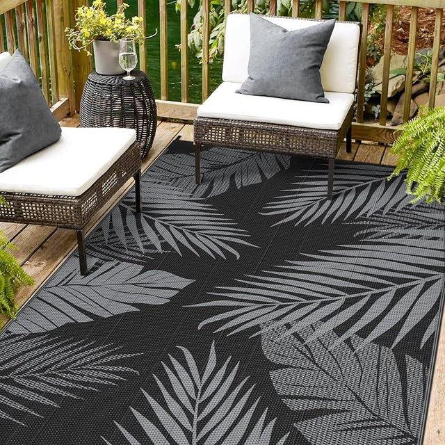 sarben Outdoor Rug 4' x 6' for Patio Waterproof Clearance, Reversible Indoor Outdoor Plastic Straw Camping Rug Carpet, RV Mat, Large Area Rug for Deck, Backyard, Balcony, Porch, Beach, Black and Grey