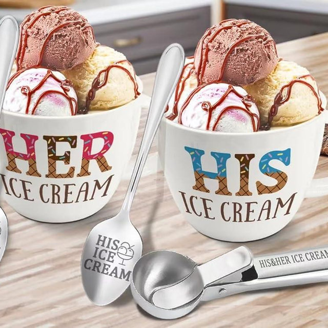 FUTBU His And Hers Gifts, Anniversary Couple Gifts Ice Cream Bowls and Spoon Scoop Set, His Her Ice Cream Accessories Bowl Gift, Unique Christmas Wedding Gift