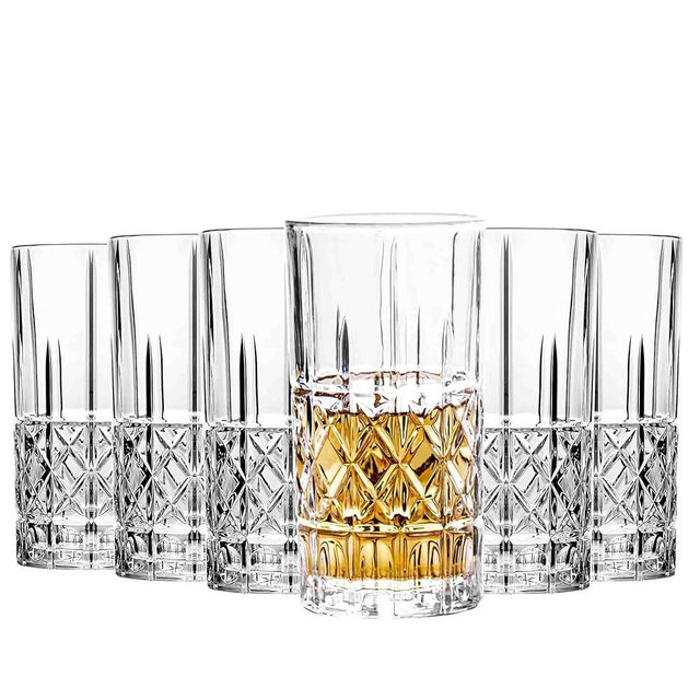 binsakao Tall Highball Glasses Set of 6, 14 Ounce Cups, Textured Designer Glassware for Drinking Water, Beer, or Soda, Trendy and Elegant Dishware, Dishwasher Safe