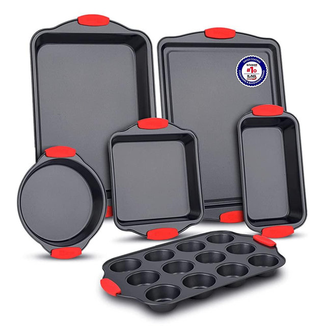 Baking Set – 6 Piece Kitchen Oven Bakeware Set – Deluxe Non-Stick Black Coating Inside and Outside – Carbon Steel – Red Silicone Handles – PFOA PFOS and PTFE Free by Bakken