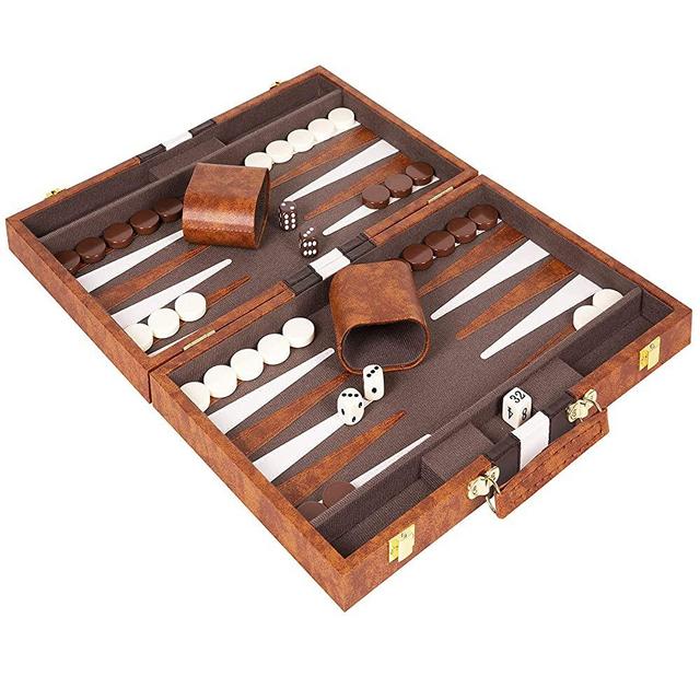 Crazy Games Backgammon Set - Classic Small Brown 11 Inch Backgammon Sets for Adults Board Game with Premium Leather Case - Best Strategy & Tip Guide (Brown, Small)