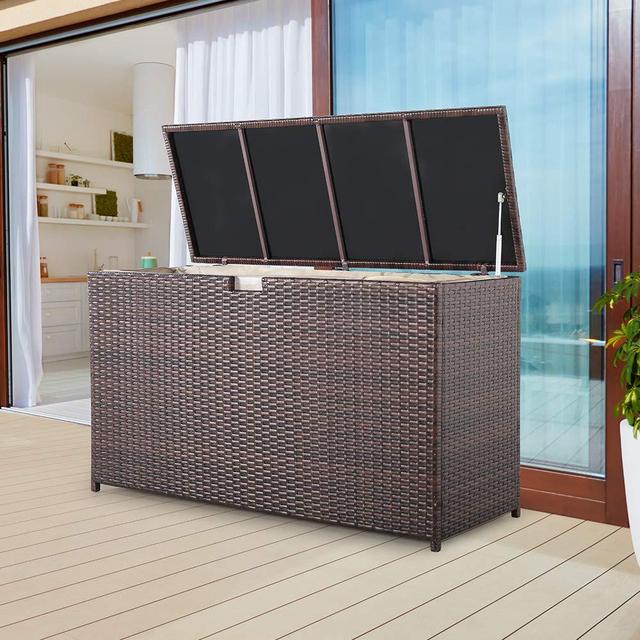 Patiorama Outdoor Wicker Storage Box, Garden Deck Bin with Aluminum Frame, Patio Cushion Storage, Brown Wicker Rattan Pool Storage Box, Waterproof Liner, 120 Gallon