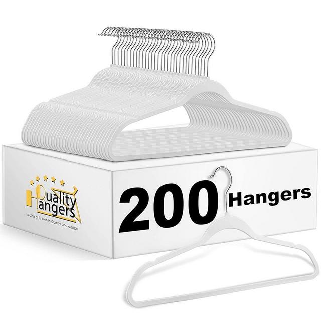 Quality Hangers Clothes Hangers 200 Pack - Non-Velvet Plastic Hangers for Clothes Heavy Duty Coat Hanger Set -Space-Saving Closet Hangers with Chrome Swivel Hook, Functional Non-Flocked Hangers, White