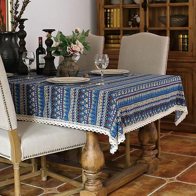 Elome 55 Inch x 86 Inch Rectangular Vintage Cotton Linen Lace Bohemian Tablecloth, Washable Oblong Dinner Picnic Table Cloth for Home Kitchen Decorative Cover