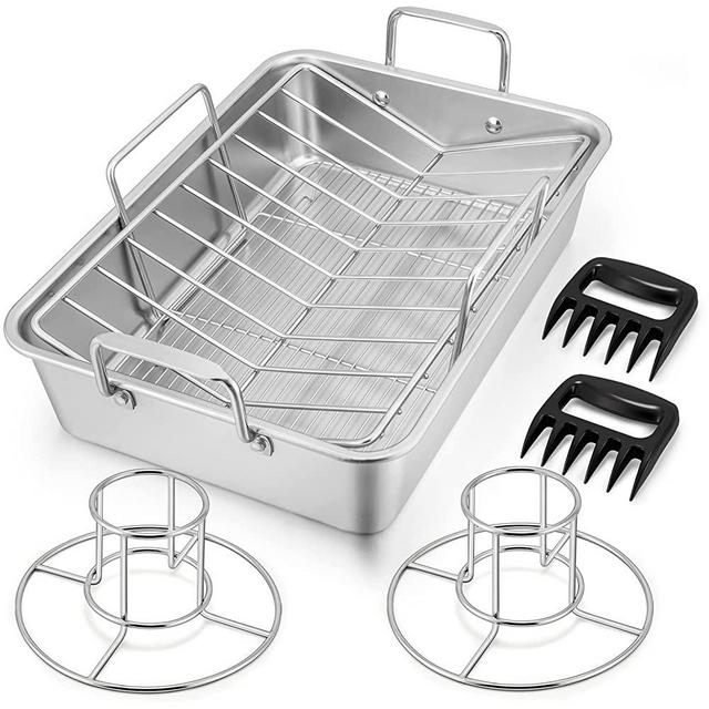 15¼" Roasting Pan with Rack, 7 PCS P&P CHEF Stainless Steel Roaster Lasagna Pan with Cooling Flat & V-shaped Baking Rack, Grilling Chicken Holder, Meat Shredding Claws, Dishwasher & Oven Safe