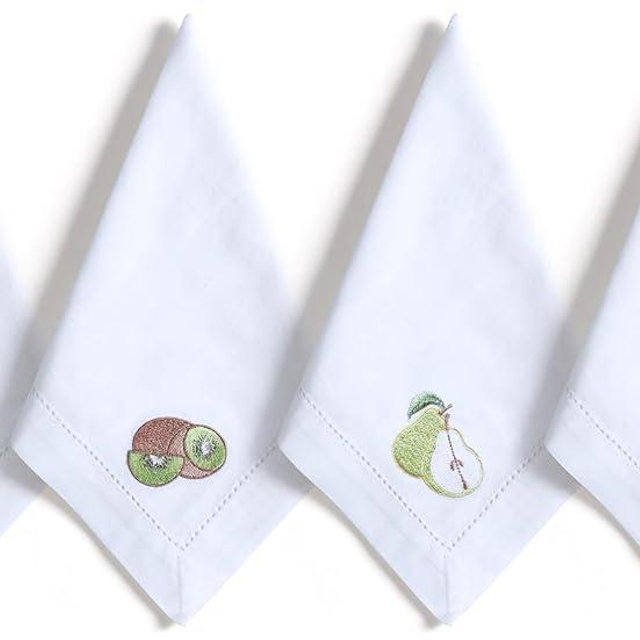Bedding Craft Cotton Cloth Dinner Napkins Set of 12 – 18x18 Embroidered Motif with Hemstitched Design – Machine Washable Fabric Napkins for Weddings, Baby Showers, Christmas & Everyday Dining
