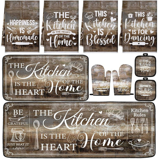Fourluoo 10 Pcs Farmhouse Home Kitchen Decor Set 4 Kitchen Dish Towels 2 Pot Holders 2 Oven Mitt Rustic Rug and Mat for Cooking Baking Daughter Mom Gift Decor(Brown Gray,Classic Style)